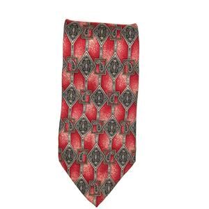 Johnny Carson Mens Tie - 57" Long - Red Gray Paisley Geometric Design - Silk
